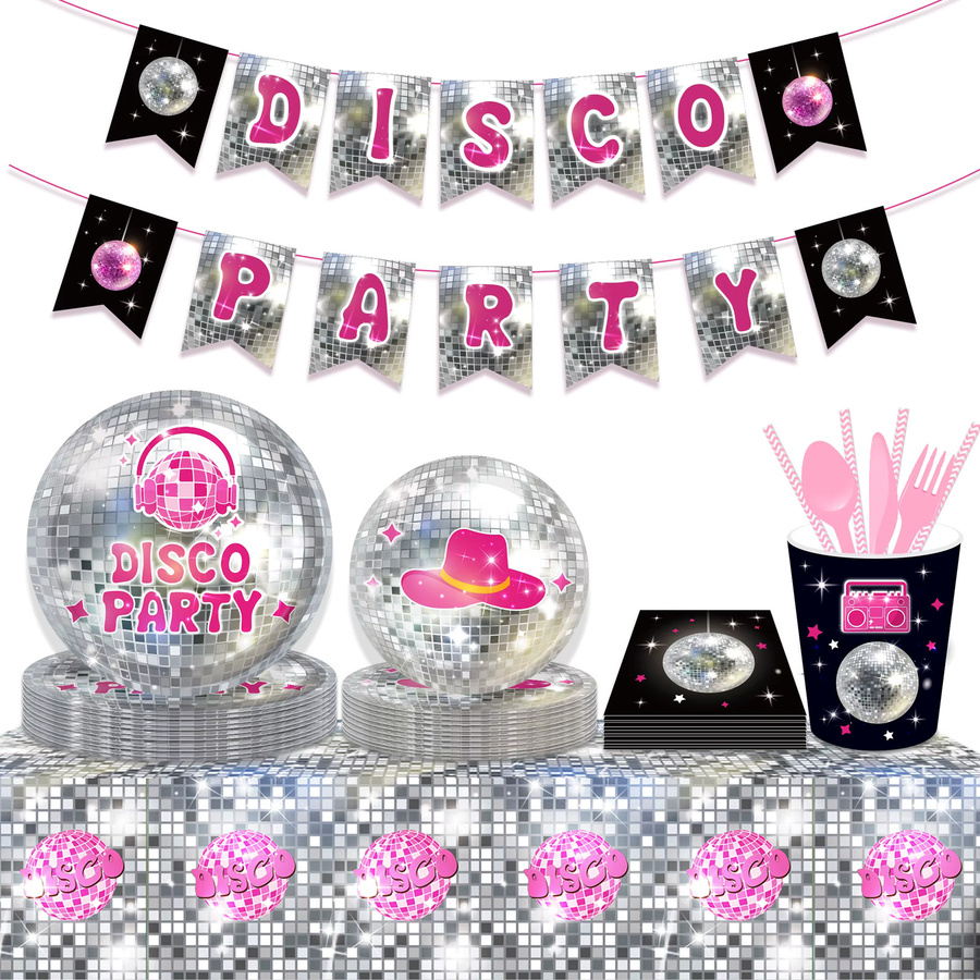 Einweggeschirr Set in Silber für Disco Musik Party mit Tellern, Servietten und Bechern - Bild 4