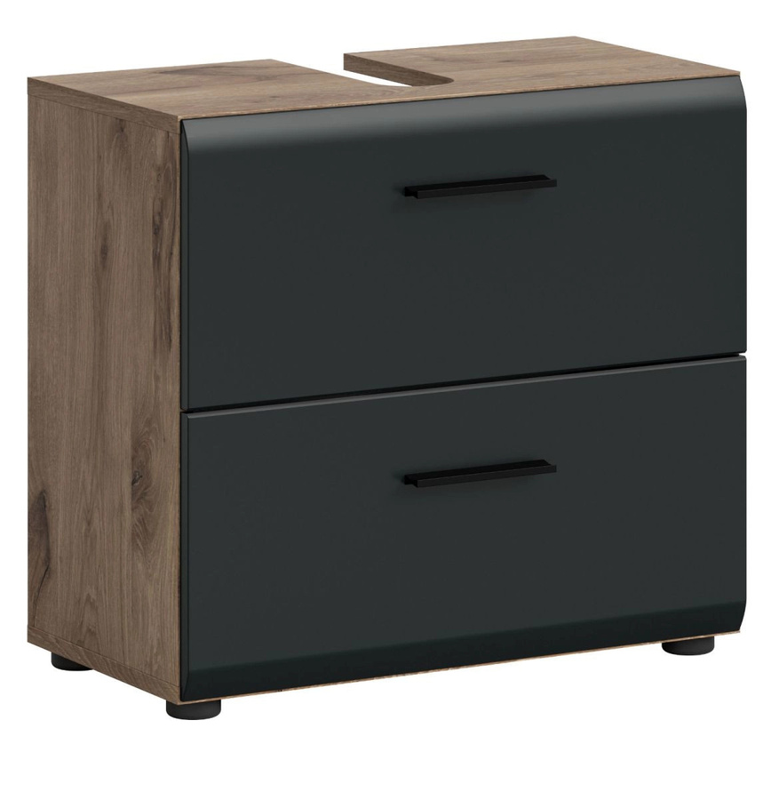Waschbeckenunterschrank Cover in Schwarz und Eiche mit Türen und Innenschubladen, Breite: 60 cm, Höhe: 54 cm, Tiefe: 30 cm - Bild 3