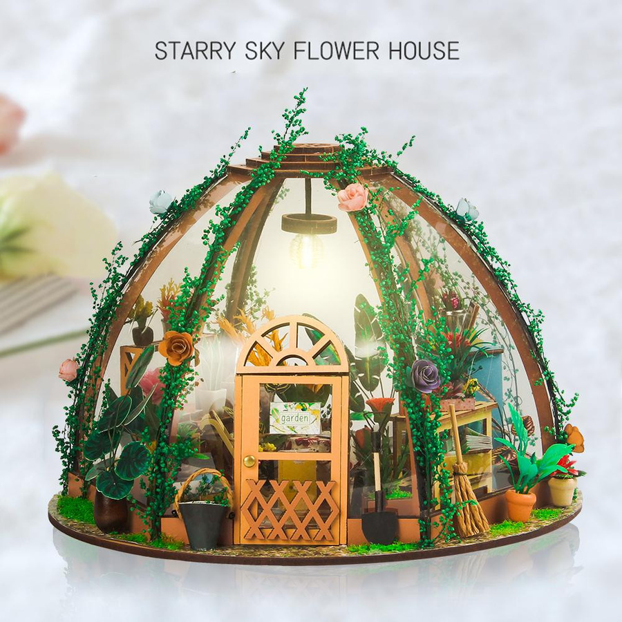 TOMTOP JMS Sternenblumen-Grünhaus DIY-Miniatur-Puppenhaus-Set aus Holz bunt mit LED-Licht - Bild 3