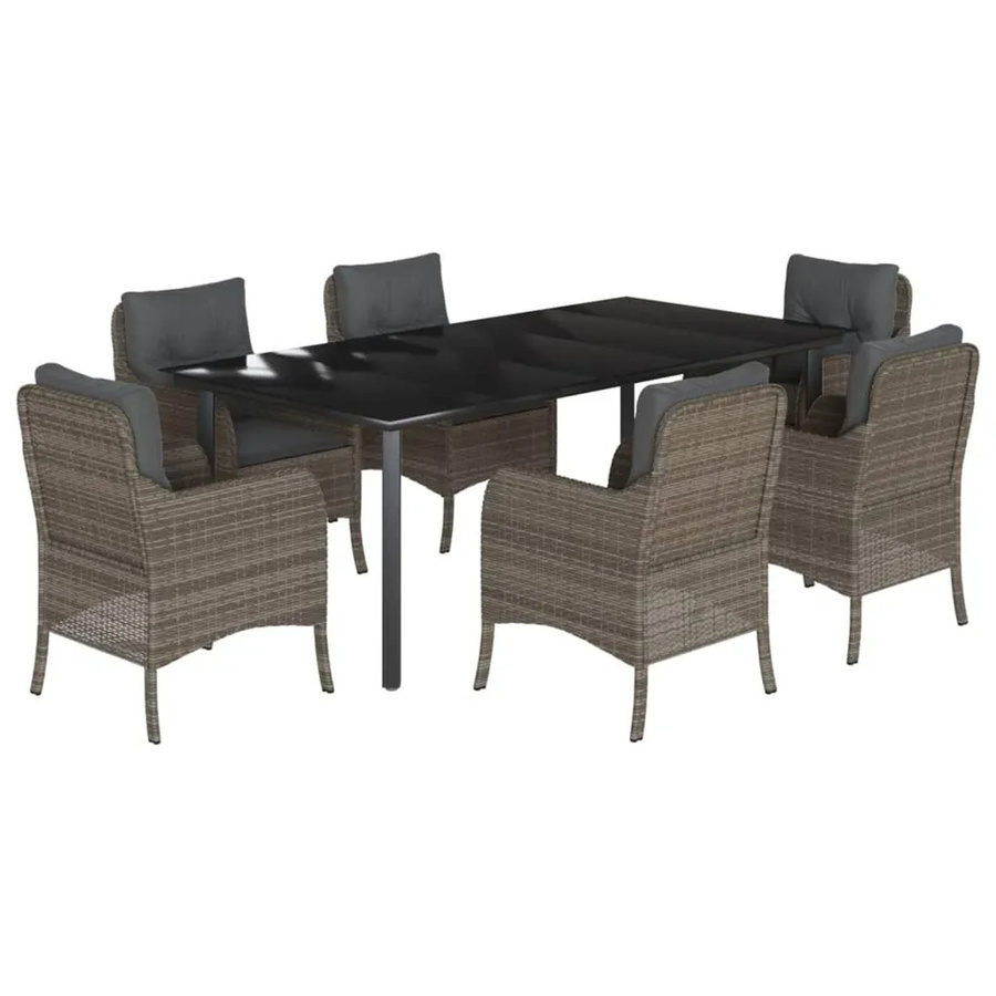 vidaXL 7-teilige Garten-Essgruppe aus Poly Rattan mit Kissen und Hartglas in Grau - Bild 2