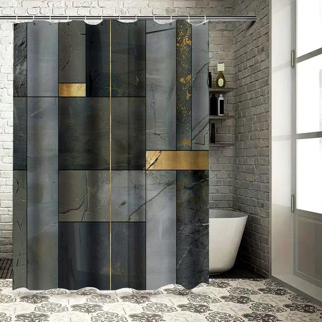 Wasserdichter Duschvorhang mit Marmor-Effekt und goldenen Akzenten in Grau Schwarz Weiß, B x H: 90 x 180 cm - Bild 1