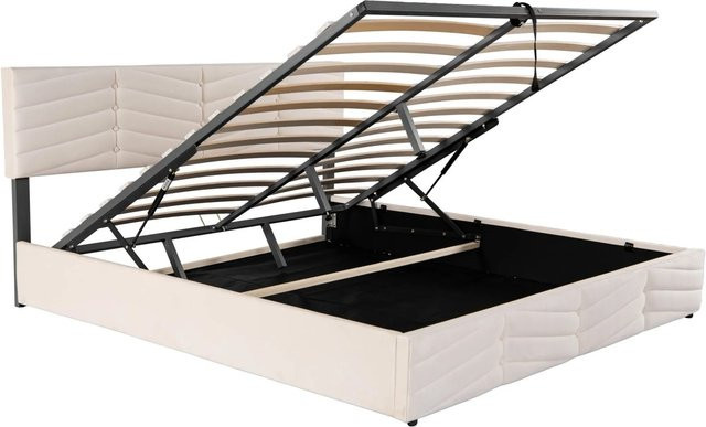 okwish Polsterbett aus Samt in Beige mit Bettkasten und höhenverstellbarem Kopfteil B: 160 cm, T: 200 cm, H: 95 cm - Bild 1