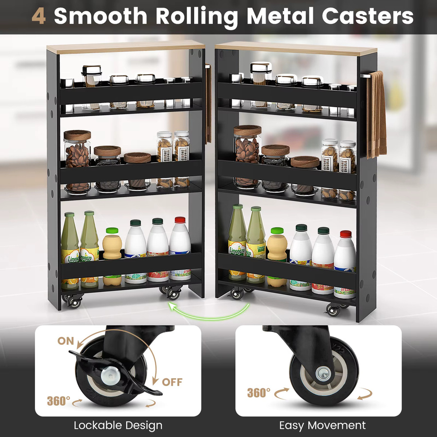 GOFLAME Nischen-Trolley mit 4 Ebenen in Schwarz, schmaler Küchenwagen und Badezimmerregal aus Metall mit Rollen und Griff - Bild 4