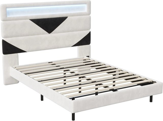 PXloue Doppelbett Polsterbett aus Samt mit LED-Beleuchtung und USB-Ladefunktion, B/T/H: 160 x 200 x 126 cm - Bild 1
