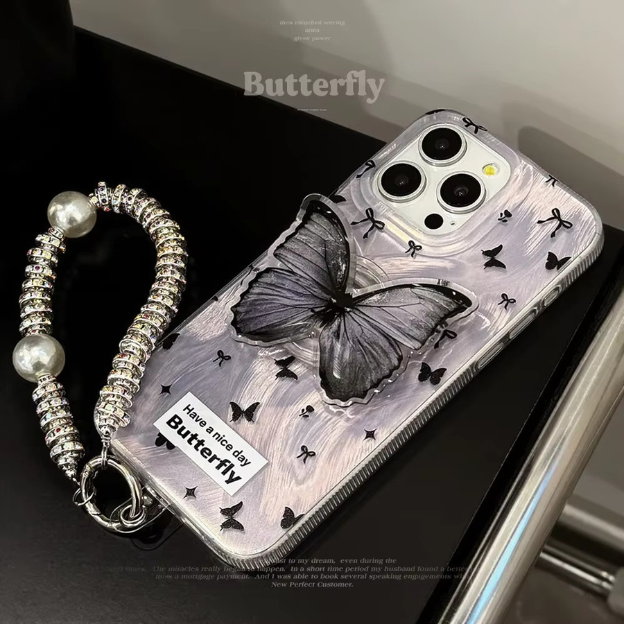 Potdemiel Schmetterlings-Handyhalterung in Schwarz mit Handgelenkkette und stoßfester Hartschale für iPhone 17, 16, 15, 14, 13, 12, 11 Pro Max - Bild 2