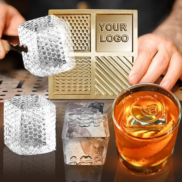 Personalisierter Eiswürfel-Stempel aus Messing in Gold für Bar-Cocktails und Whiskey mit individuellem Logo, Durchmesser: 5 cm oder 10 cm - Bild 1
