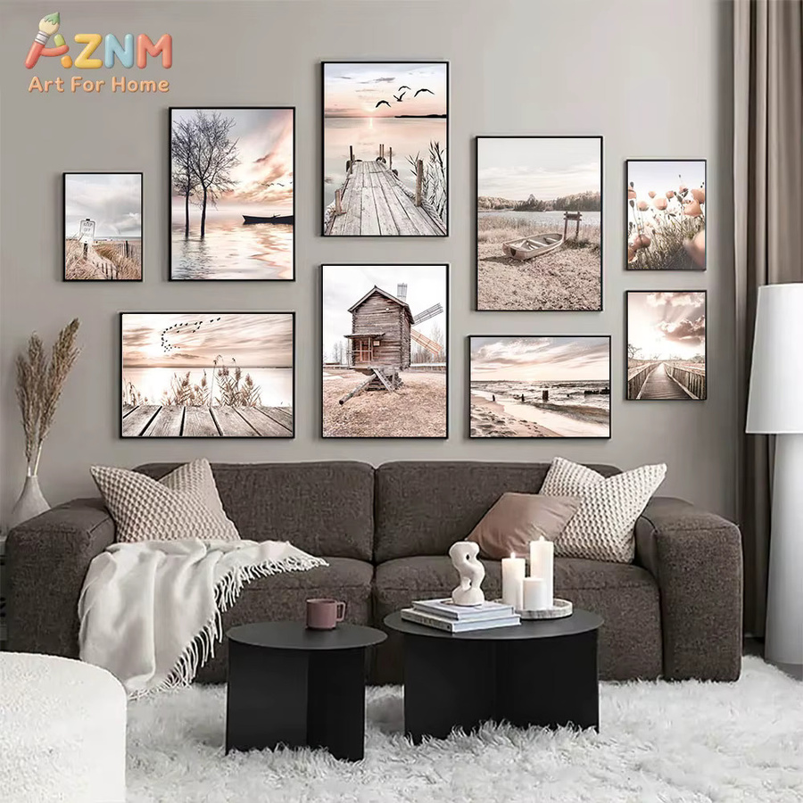 AZNM Leinwand-Wandkunst Küstenlandschaft mit Sonnenuntergang am See, Holzsteg und Naturmotiv, ungerahmtes Poster, Mehrfarbig - Bild 2