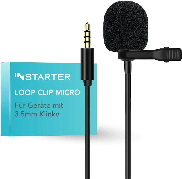 Instarter Lavalier Ansteckmikrofon mit 3,5 mm Klinkenanschluss, 6m Kabel, Windschutz und Loop Clip in Schwarz - Bild 1