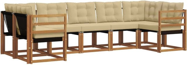 vidaXL Outdoor-Sofagarnitur 7-teilig aus Akazienholz und Textilene in Natur und Beige mit Kissen und Armlehnen - Bild 1