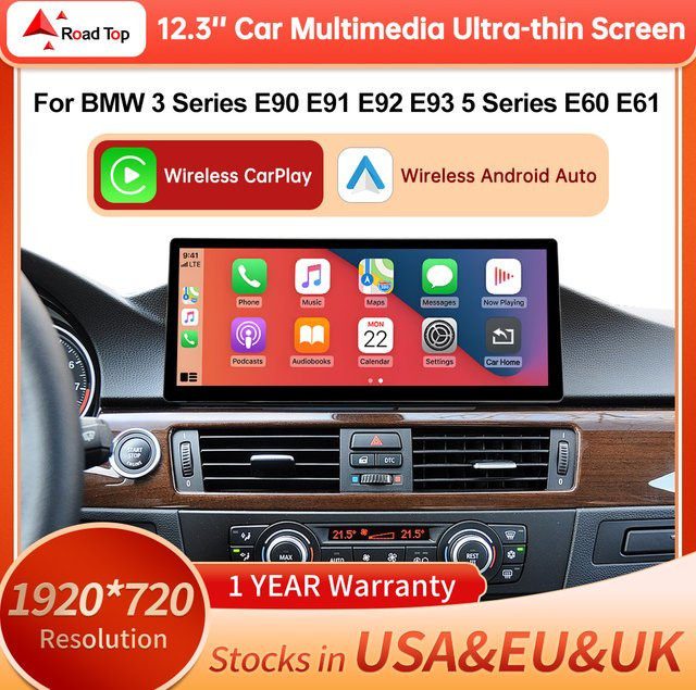 Road Top Kabelloses CarPlay Linux Auto-Multimedia-Display für BMW 3er E90 E91 E92 E93 5er E60 E61 CCC CIC, 12,3 Zoll, Schwarz - Bild 1