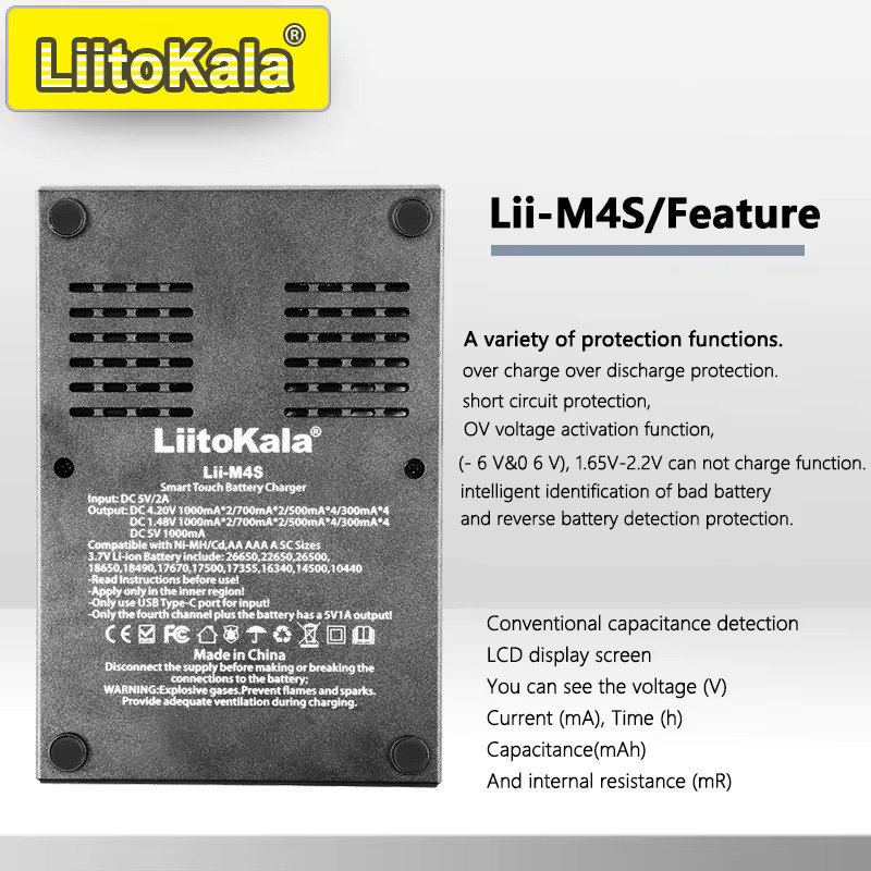LiitoKala Intelligentes Ladegerät Lii-M4S/M4 mit LCD-Display, USB-C-Eingang, Schwarz, für 18650/AA/AAA Batterien - Bild 2