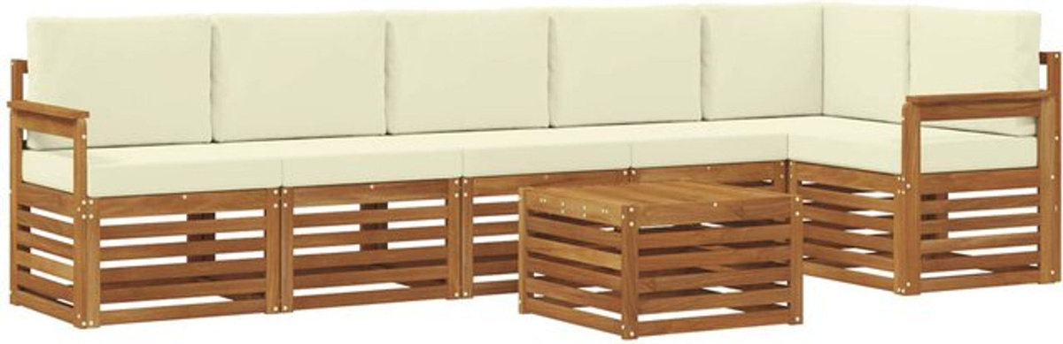 vidaXL Ecksofa Set mit 7 Kissen aus Akazie Massivholz in Natur, Beige und Weiß, Modernes Design - Bild 1