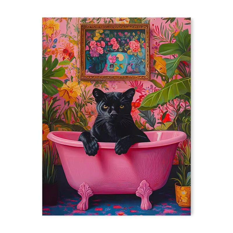 Minimalistisches Leinwandposter von Potdemiel mit Tier-Motiv Schwarz Katze und Gepard in der Badewanne in den Farben Schwarz, Rosa und Orange - Bild 3