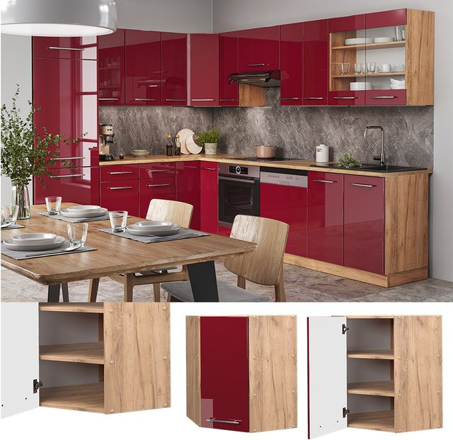 Vicco Eckhängeschrank Fame-Line Küchenschrank in Eiche Rot Bordeaux Hochglanz mit Softclose-Scharnieren und Einlegeboden, Breite: 57 cm, Höhe: 72 cm, Tiefe: 52 cm - Bild 1