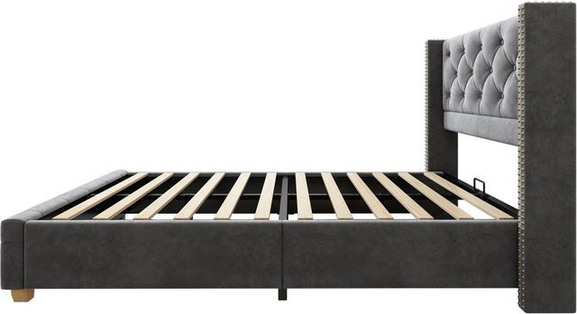okwish Polsterbett aus Samt mit Knopfpolsterung in Grau, B/T/H: 90 x 200 x 108 cm - Bild 1