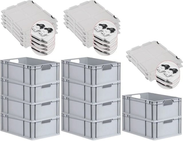 PROREGAL Spar Set 10x Eurobox Nextgen Economy mit Scharnierdeckel und schwarzen Schiebeschnappverschlüssen, Grau/Schwarz, H x B x T: 22 x 40 x 60 cm, 44 Liter - Bild 1