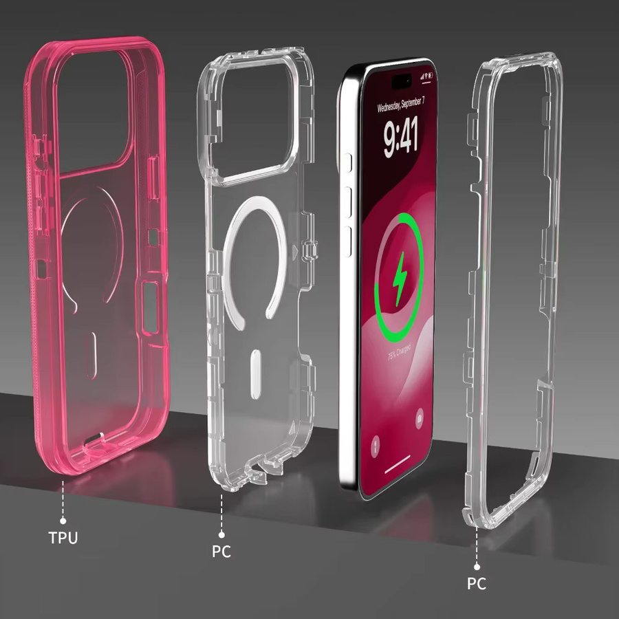 Robuste 3-Schichtige Magnetische Schutzhülle für iPhone 17 Air, 16, 15, 14 Plus und 13 Pro Max aus PC+TPU in Blau und Pink - Bild 3