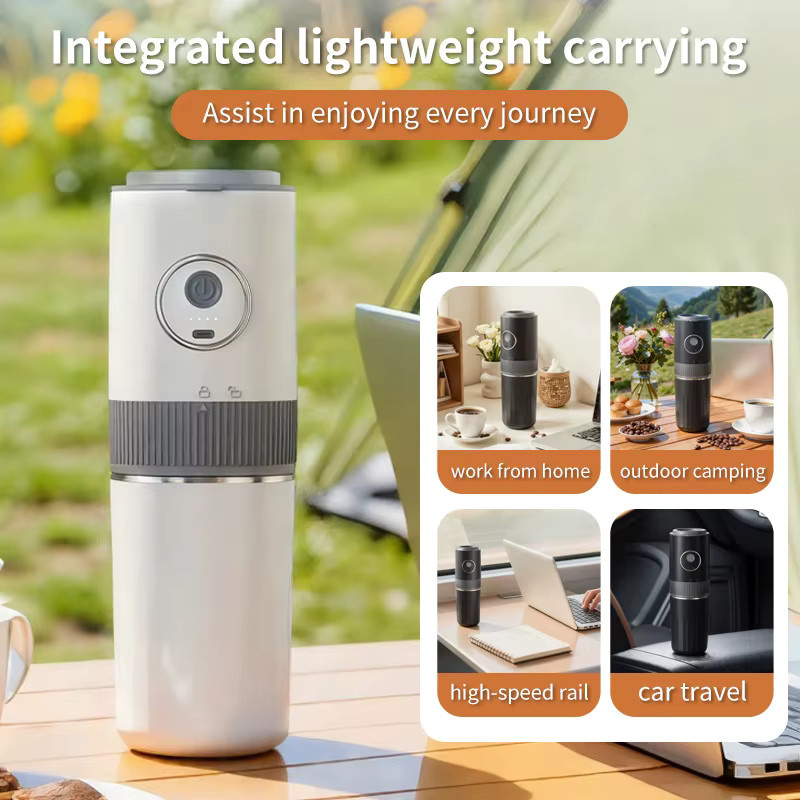JFBONIN 2-in-1 Tragbare Kabellose Outdoor-Camping-Kaffeemaschine mit Kaffeebohnenmahlung und Handbrühfunktion in Schwarz - Bild 3