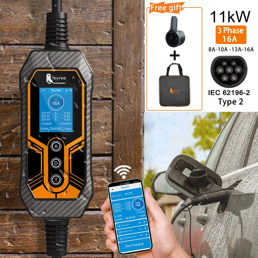 Feyree Tragbares EV-Ladegerät Typ2 11kW 16A 3-Phasen mit Wi-Fi und Bluetooth, 5m Ladekabel mit CEE-Stecker, Schwarz - Bild 5