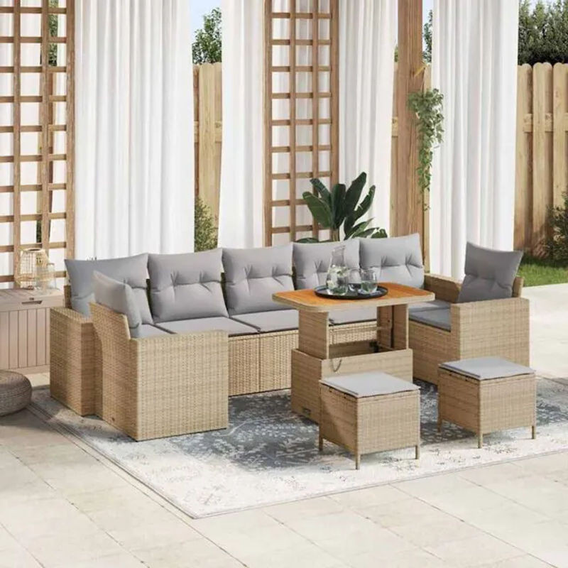 vidaXL Polyrattan Garten-Sofa-Set aus 10 Teilen in Beige und Grau, modulares Loungemöbel-Set mit Akazie und Stahl, B/T/H: 90 x 55 x 71 cm - Bild 1