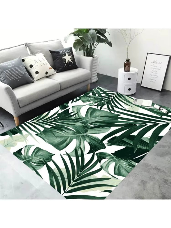 Rutschfester Wohnzimmerteppich in Grün mit modernem Monstera-Blatt-Design und floralem Dschungel-Muster - Bild 3