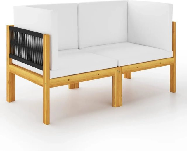 vidaXL 2-Sitzer-Gartenbank aus Akazienholz mit geflochtenem Seil und Kissen in Schwarz oder Weiß, B/T/H: 120 x 65 x 65 cm - Bild 1