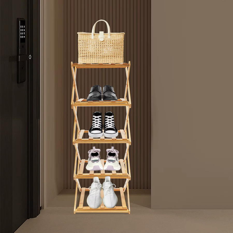 Bymaocar 5-stufiges faltbares Schuhregal aus Bambus in Braun, zusammenklappbares Schuhregal ohne Montage für Wohnzimmer und Schlafzimmer - Bild 2