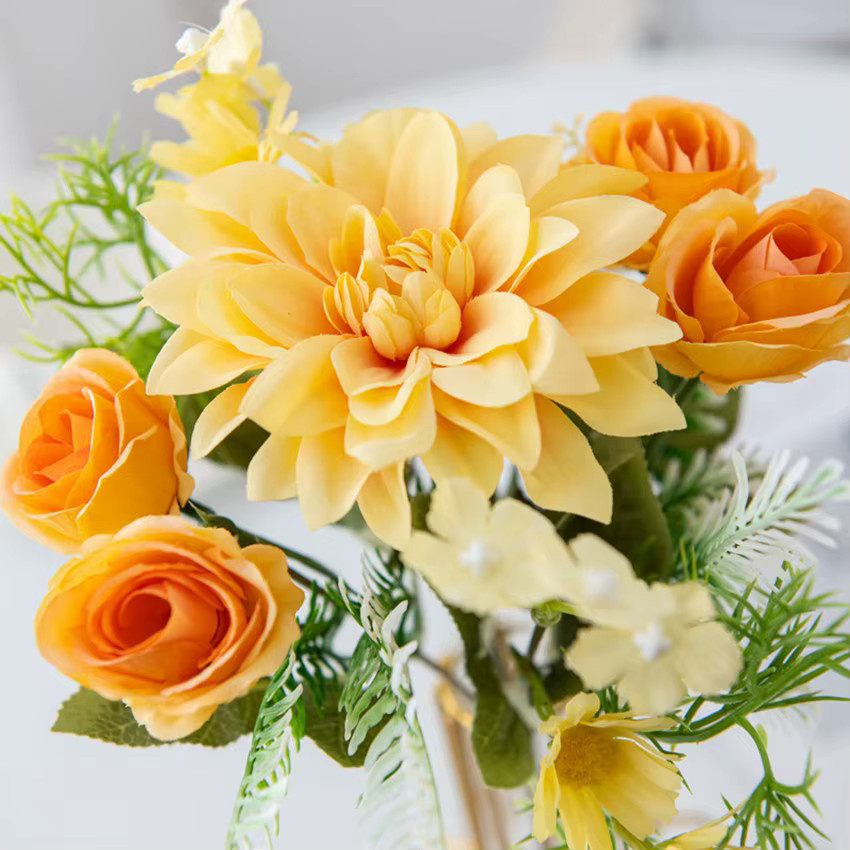 Künstliche Blumen Kombination aus Dahlien und kleinen Rosen in Gelb für Hochzeit, Haus und Balkon Dekoration, 3er Set - Bild 2