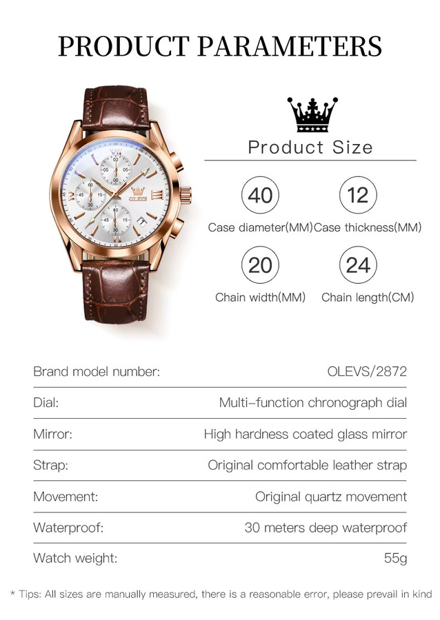 Olevs Chronograph Armbanduhr, Quarz, Leder, Gold, Herren - Bild 5