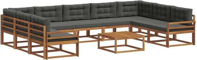vidaXL Outdoor-Sofagarnitur aus Akazienholz in L-Form mit 10-teiligem Set, Farbe Anthrazit und Natur, inklusive wetterfester Kissen aus Polyester - Bild 1