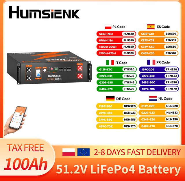 Humsienk LiFePO4 Lithium-Batterie 48V 100Ah mit Bluetooth und 100A BMS für Off-Grid Solarsysteme und Backup-Lösungen, Schwarz - Bild 1