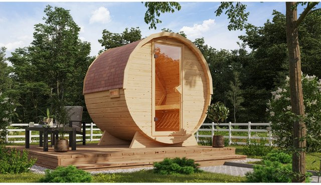 Karibu Fass-Sauna 1 aus Fichte, Naturbelassen, Braun - Bild 1