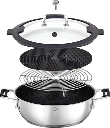RÖSLE Silence Pro Schmorpfanne und Dampfgarer mit Deckel, Silber, Durchmesser: 28 cm, H x B x T: 16 x 39 x 29,5 cm