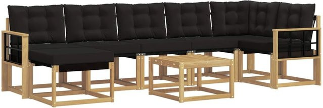 vidaXL 8-teilige Outdoor-Sofagarnitur in L-Form aus Akazienholz mit Kissen und Tisch in Weiß, Schwarz und Braun - Bild 1