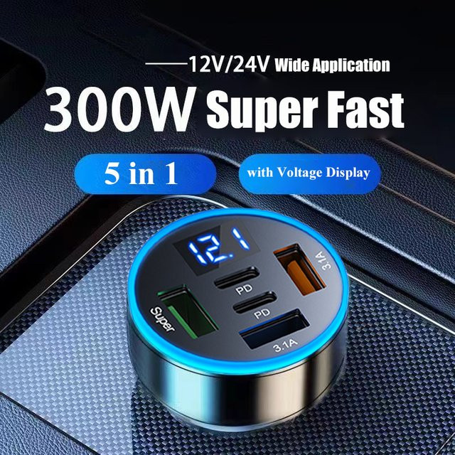 UYUXIO USB-C Autoladegerät-Adapter mit Spannungsanzeige in Schwarz mit 2 PD und 3 USB-A Anschlüssen für Samsung, iPhone, Huawei, OnePlus und OPPO - Bild 1