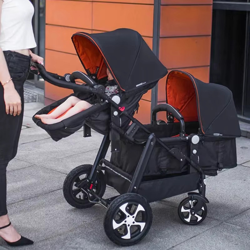 LUVCHAIN Faltbarer Zwillings-Kinderwagen mit Stoßdämpfung in Orange und Schwarz - Bild 3
