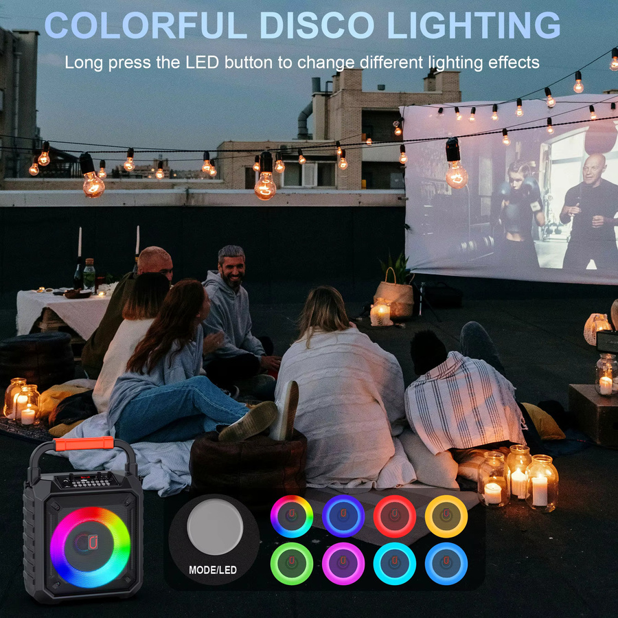 JYX Karaoke-Maschine in Schwarz mit 2 kabellosen Mikrofonen, tragbarer Lautsprecher mit LED-Leuchten und Bluetooth/USB/TF/AUX-Unterstützung - Bild 6