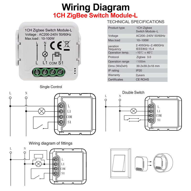 GIRIER Tuya ZigBee 3.0 Smart Light Switch Modul in Weiß, 1-Gang, ohne Neutralleiter, kompatibel mit Alexa und Google Home, 2-Wege-Steuerung - Bild 2