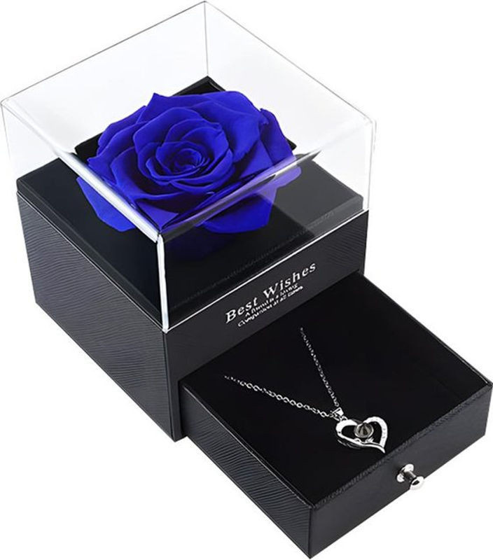 TOMTOP JMS Ewige Rosenbox mit blauer konservierter Rose und Kristallhalskette als Dekoration für Valentinstag oder Geburtstag - Bild 1