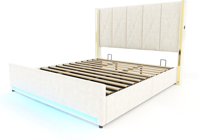 GOMYWAY Home Veloursbett mit gepolstertem Kopfteil, USB-Ladeport, Nachttischablage und Unterbettbeleuchtung, Beige, H x B x T: 141 x 190 x 213 cm - Bild 1
