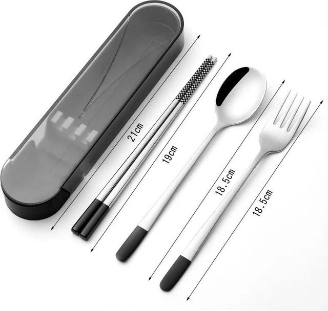 Tragbares 3-teiliges Edelstahl-Besteckset von Yiran Furniture in Schwarz mit Löffel, Gabel und Essstäbchen im koreanischen Stil - Bild 1