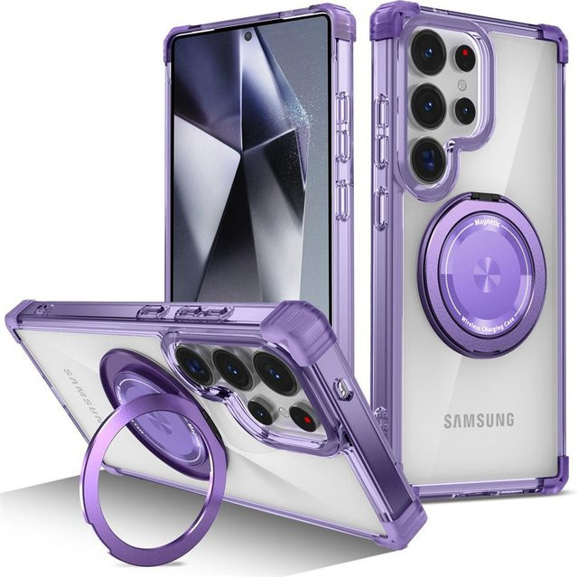 Transparente magnetische Handyhülle mit drehbarem Klappständer für Samsung Galaxy S26 S25 S24 S23 S22 S21 Ultra Plus FE, stoßfeste Armor Hülle, Farbe: Transparent/Lila - Bild 1
