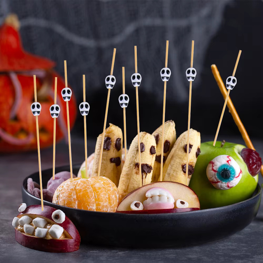 WEIGAO Halloween Schädel Bambus Spieße Einweg Fruchtgabeln für Buffet und Dessert in Weiß - Bild 3