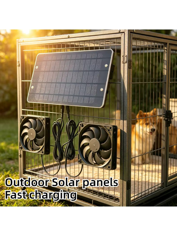 EESBAO 10W Solarpanel-betriebenes Doppellüfter-Belüftungsset in Schwarz für Hundehütten, Gewächshäuser und Tierställe - Bild 7