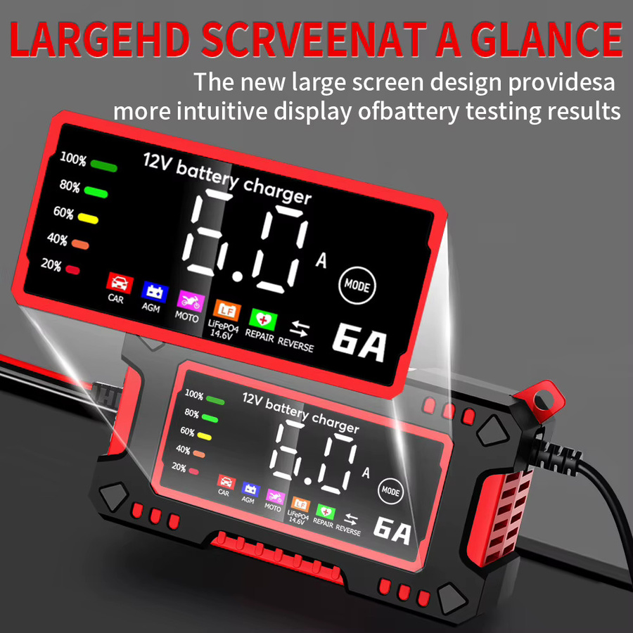 Smart Batterie Ladegerät für Auto und Motorrad mit Digital Display, 12V 6A, kompatibel mit LiFePO4, Blei-Säure, AGM und GEL Batterien, Schwarz - Bild 3