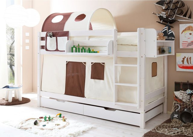 TiCAA Etagenbett Marcel aus Kiefer Massivholz in Weiß Classic für Kinder - Bild 1