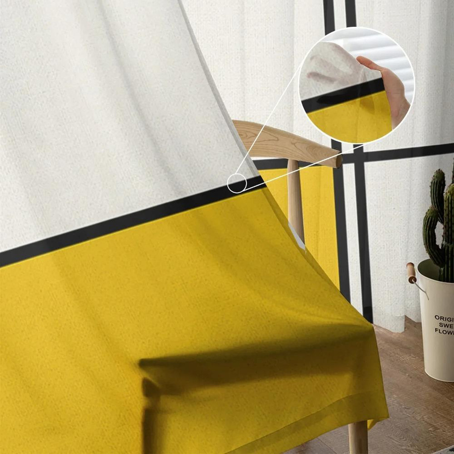 Yiran Furniture Transparente Voile Tüll Vorhänge mit gelben abstrakten geometrischen Linien, Breite: 135 cm, Höhe: 115 cm - Bild 2