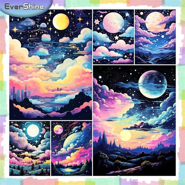 EverShine DIY Landschafts-Diamantgemälde Sternenhimmel und Mond als 5D Mosaik-Wandkunst in Mehrfarbig, Breite: 30,0 cm, Höhe: 20,0 cm - Bild 1