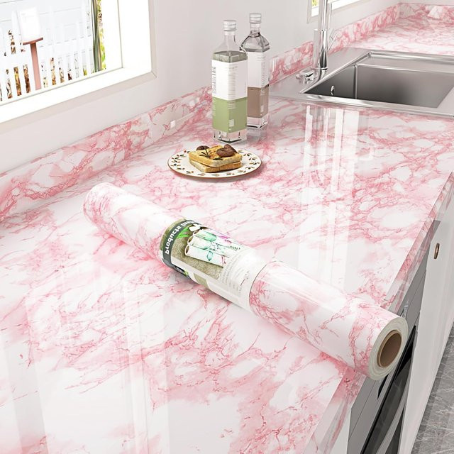 Luck Amy Selbstklebende Marmor-Tapete in Rosa und Grün, Wasserfeste PVC Kontaktfolie mit modernem Abstract-Design für Arbeitsplatten, Schreibtische und Möbel - Bild 1