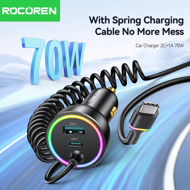 Rocoren 70W USB-Autoladegerät in Schwarz mit PD 35W USB-C Schnellladefunktion und Federladekabel für iPhone und Xiaomi - Bild 2
